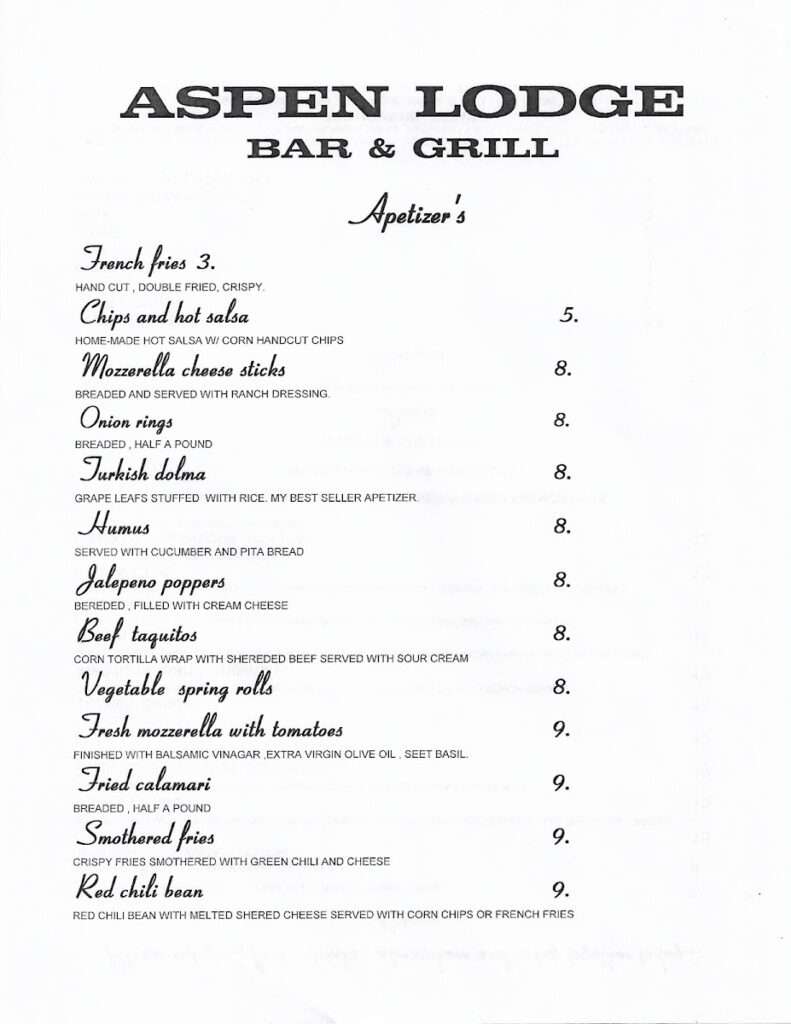 Aspen Lodge Bar & Grill menu 1